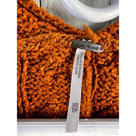 Free People Sweater Womens XS Orange Cotton Cable Knit Pullover‎ V Neck Rib Vent - Picture 6 of 8